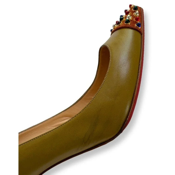 Christian Louboutin RARE Olive Green Cabo Pointed Pumps Jewelled Cap Toe EU 39.5 - Picture 9 of 15